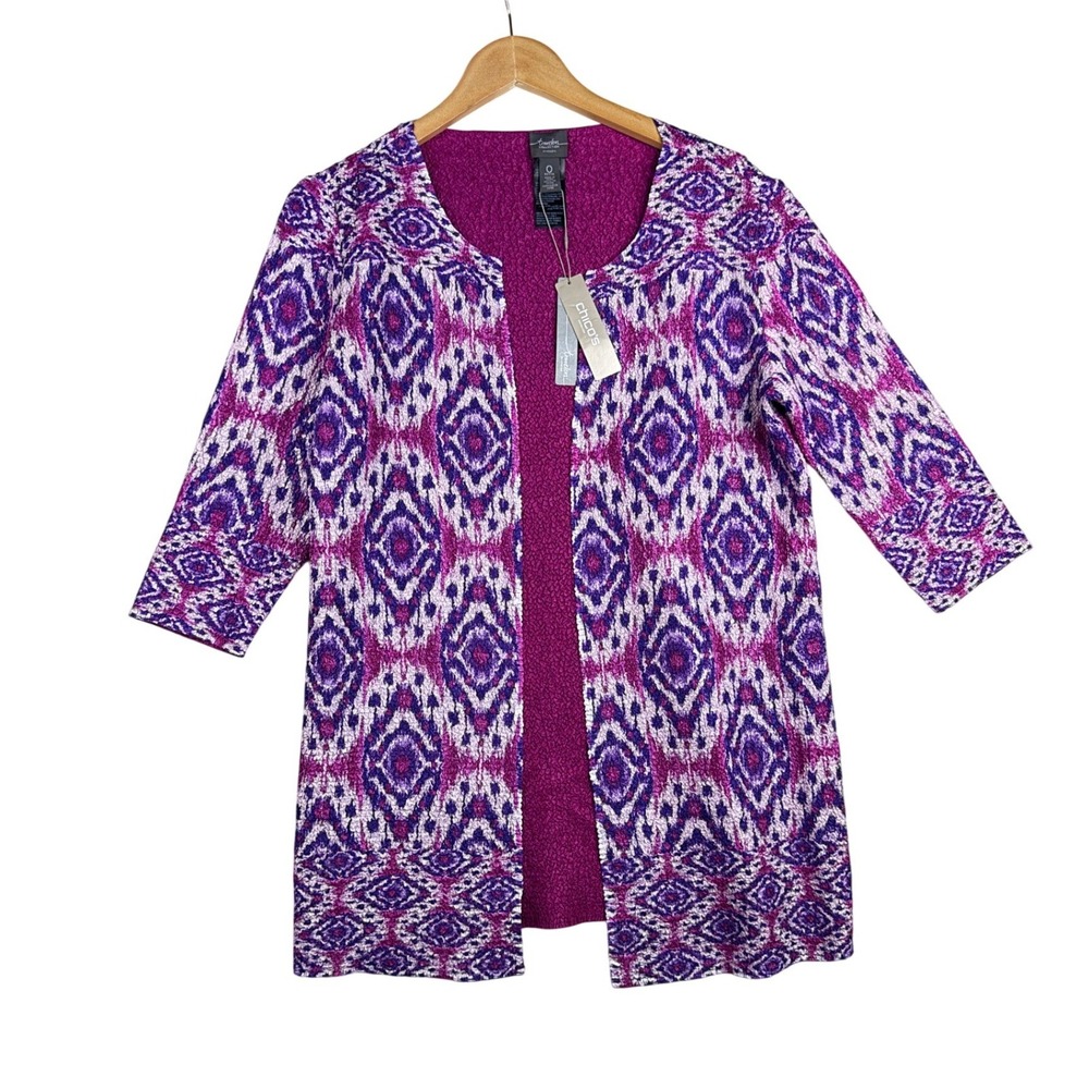 NWT Chico's Travelers Ikat Reversible‎ Open Jacket size 0 Petite Pink/Purple